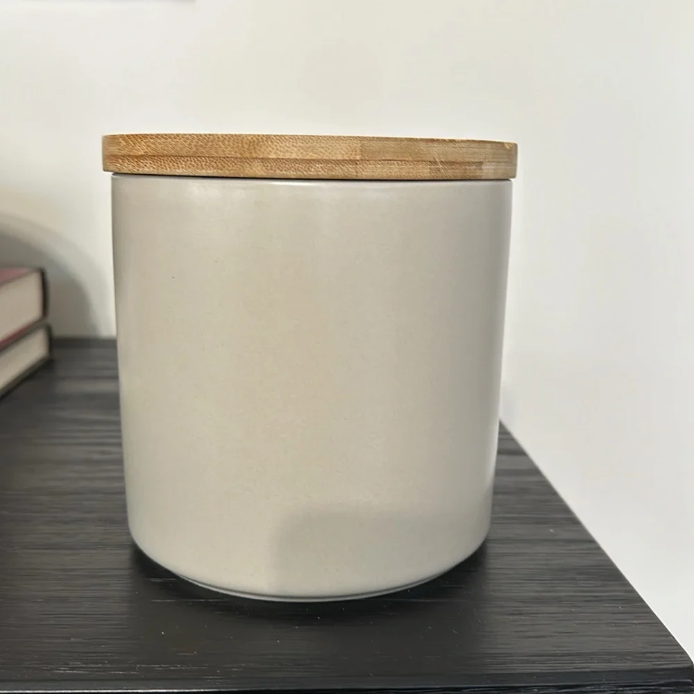 Crate & barrel ceramic canister with bamboo lid